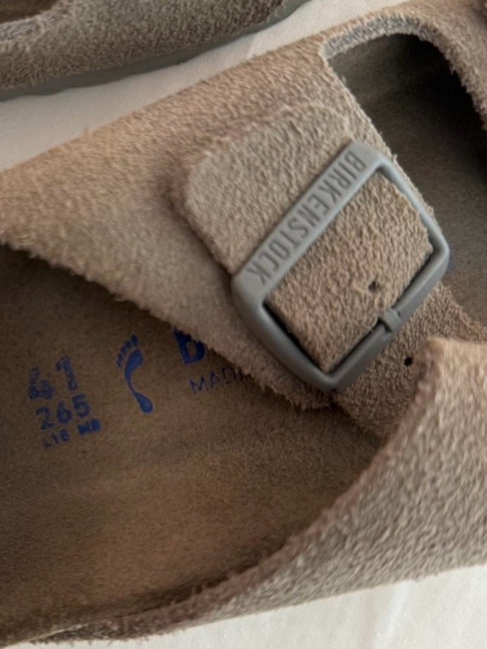 Birkenstock Suede Buckle Clog in Beige Taupe